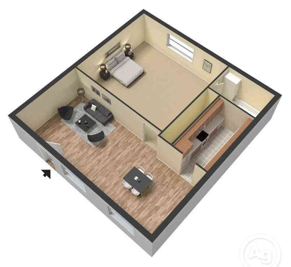 Floor plan for 1 bed, 1 bath, 720 sqft